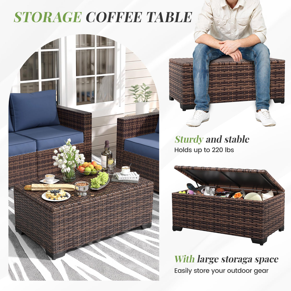 Amopatio Patio Furniture Set with Fire Pit Table, 6 Pieces Outdoor Oversized Sectional Couch Wicker Patio Armrest Sofa, 44" Fire Pit Conversation Sets with Storage Table, Waterproof Cover (Navy) Amopatio