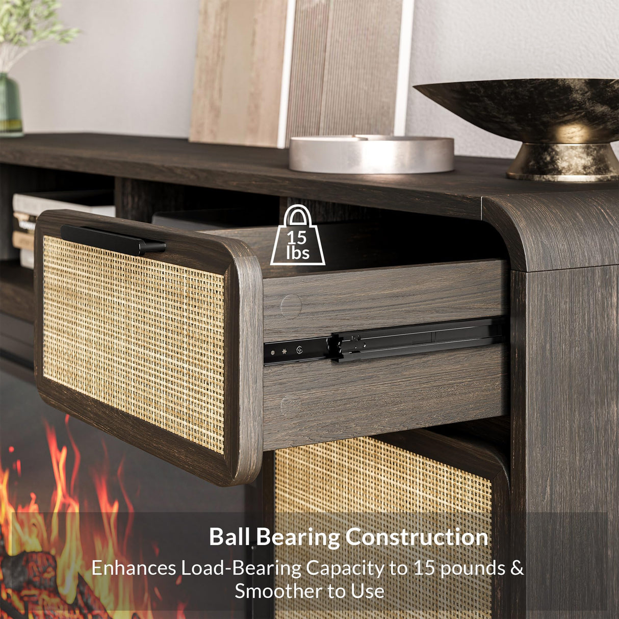 BELLEZE 68" TV Stand for TV Up to 75",Boho Entertainment Center with 36" Electric Fireplace Heater with Sound, Rattan Decorated Console Table Storage Cabinet for Living Room, Bedroom - (Brown) BELLEZE