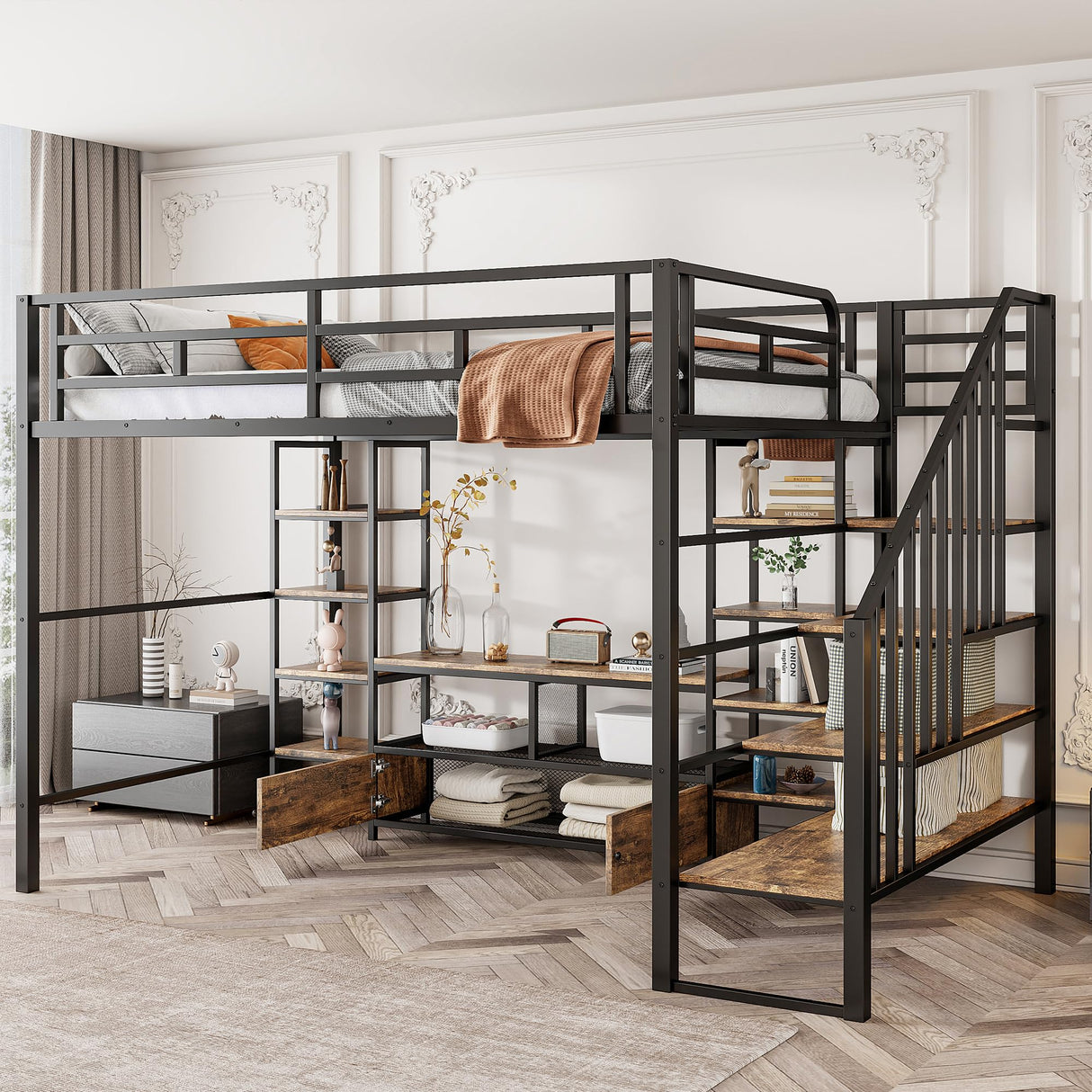 Ziraukon Full Size Metal Loft Bed with Staircase, Heavy Duty Bed Frame, Low Storage Table and Storage Shelves, Maximize Space Saving, Study and Multifunctional, Black Ziraukon