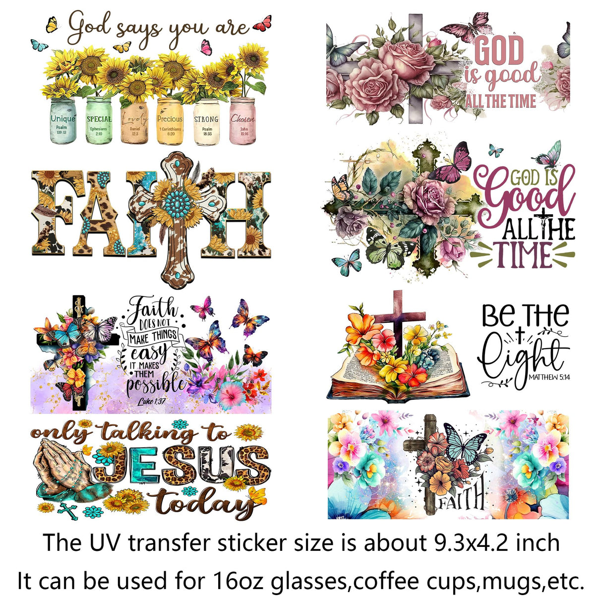 Jesus Faith UV Transfer Sticker 8 Sheet Waterproof 3D Cup Wraps Stickers for 16OZ Glass Mug Rub On Transfer Furniture Craft DIY Crafts AMONEYLS