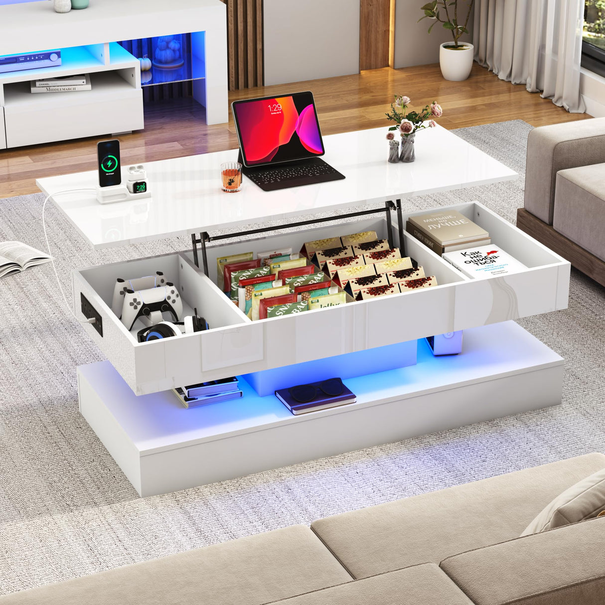 47.2" Large Lift Top Coffee Table,Modern High Glossy LED Coffee Tables for Living Room with Storage,Black Living Room Tables for Living Room,Dining Room,Bedroom Home Office,APP LED Lights(White) chartustriable