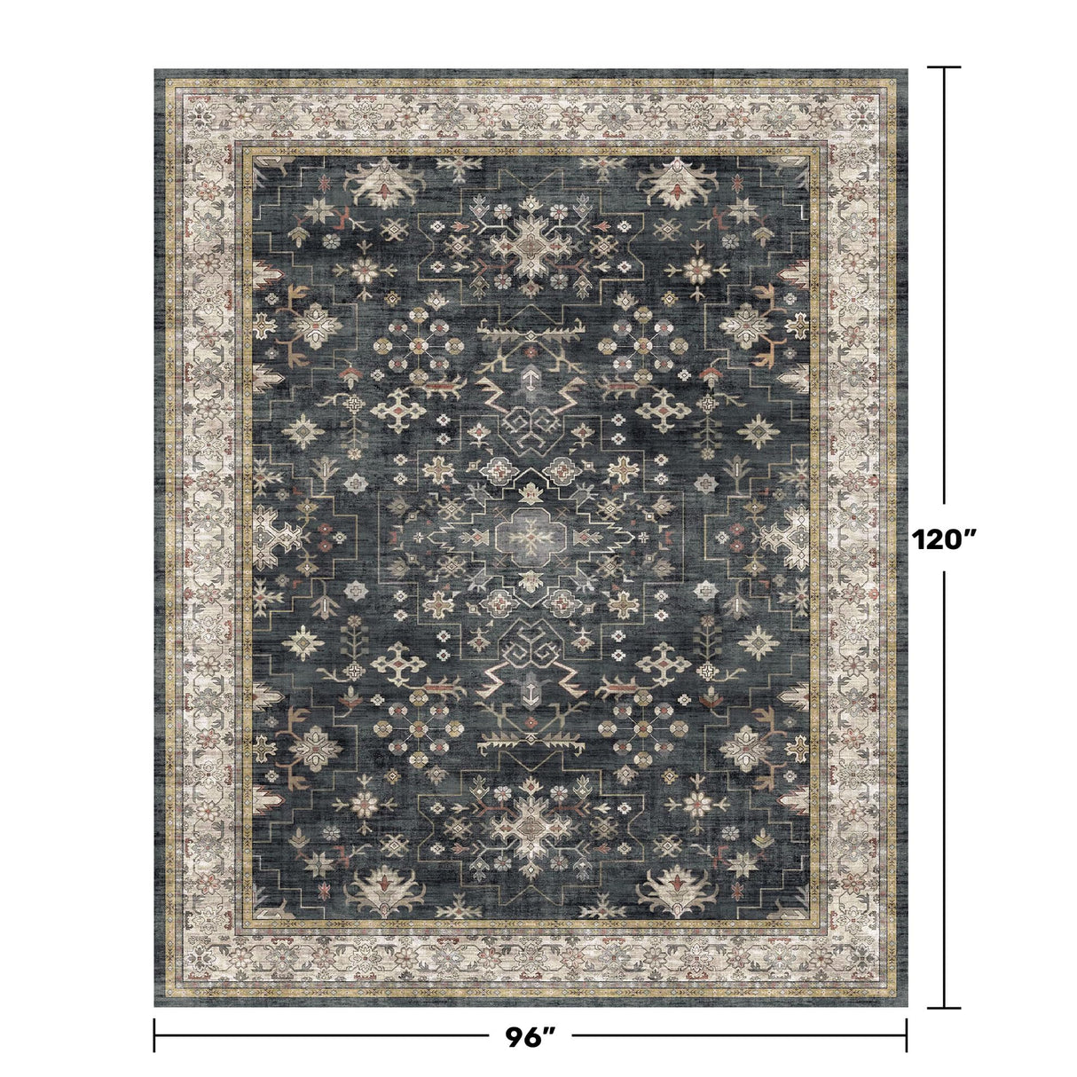 Black Farmhouse Washable 8x10 Area Rugs for Living Room, Bedroom, Dining Room Kitchen Table Rug for Under Table, Office, Dark Charcoal Tumble Stain Resistant Non-Slip Large Washable (8x10 Black/Multi) Hazo Haus
