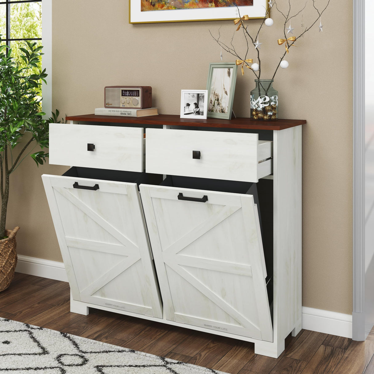 HOLISUN Double Tilt Out Trash Cabinet Kitchen Trash Bin Cabinet, 2x13 Gallons, Farmhouse Recycling Trash Can Cabinet with Hidden Drawers, Pet Proof Garbage Can for Kitchen, Living Room, White HOLISUN