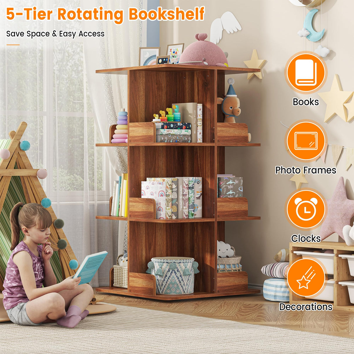 Semoic Rotating Bookshelf, 360° Display 4 Tier Square Revolving Bookcase, Spinning Book Shelf Tower, Freestanding Corner Bookshelf Storage Rack for Kids & Adults for Living Room Semoic