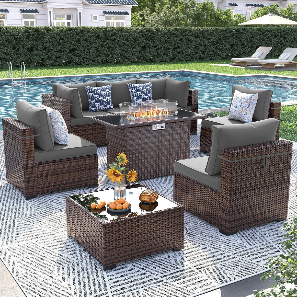 UDPATIO Patio Furniture Set with Fire Pit Table, 8 Piece Outdoor Sectional Modular Sofa, Wicker Outdoor Furniture Conversation Sets with Waterproof Cover for Backyard Deck (Brown/Dark Grey) UDPATIO