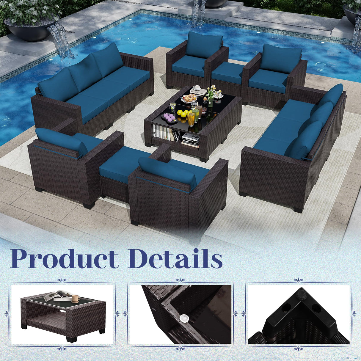 KIGOTY Patio Furniture Set 7 Pieces Conversation Sets, Outdoor Sectional Sofa, All-Weather PE Rattan Modular Sofa with Cushions and Glass Coffee Table(Brown/Peacock Blue,C) KIGOTY