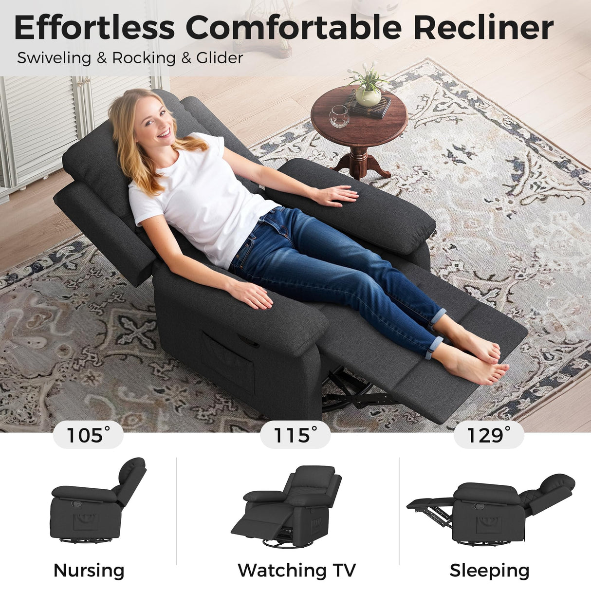 Glider Recliner for Adult Indoor Upholstered Lounge Nursery Chair Swivel Single Sofa with Side Pockets for Living Room Bedroom(Black) Amopatio