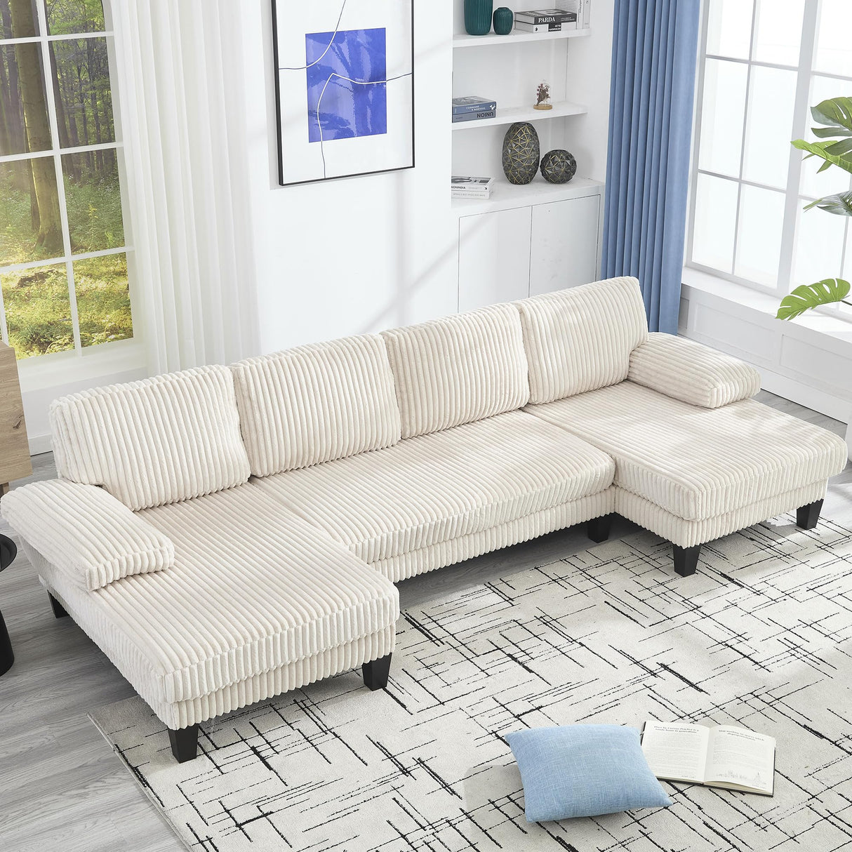 KEIKI 114" U-Shaped Oversized Modular Velvet Sectional Sofa with 2 Chaise Lounge, Modern Style Upholstered 4-Seater Couch with Soft Seat Cushions, Easy Assembly, for Apartment, Living Room, Beige KEIKI