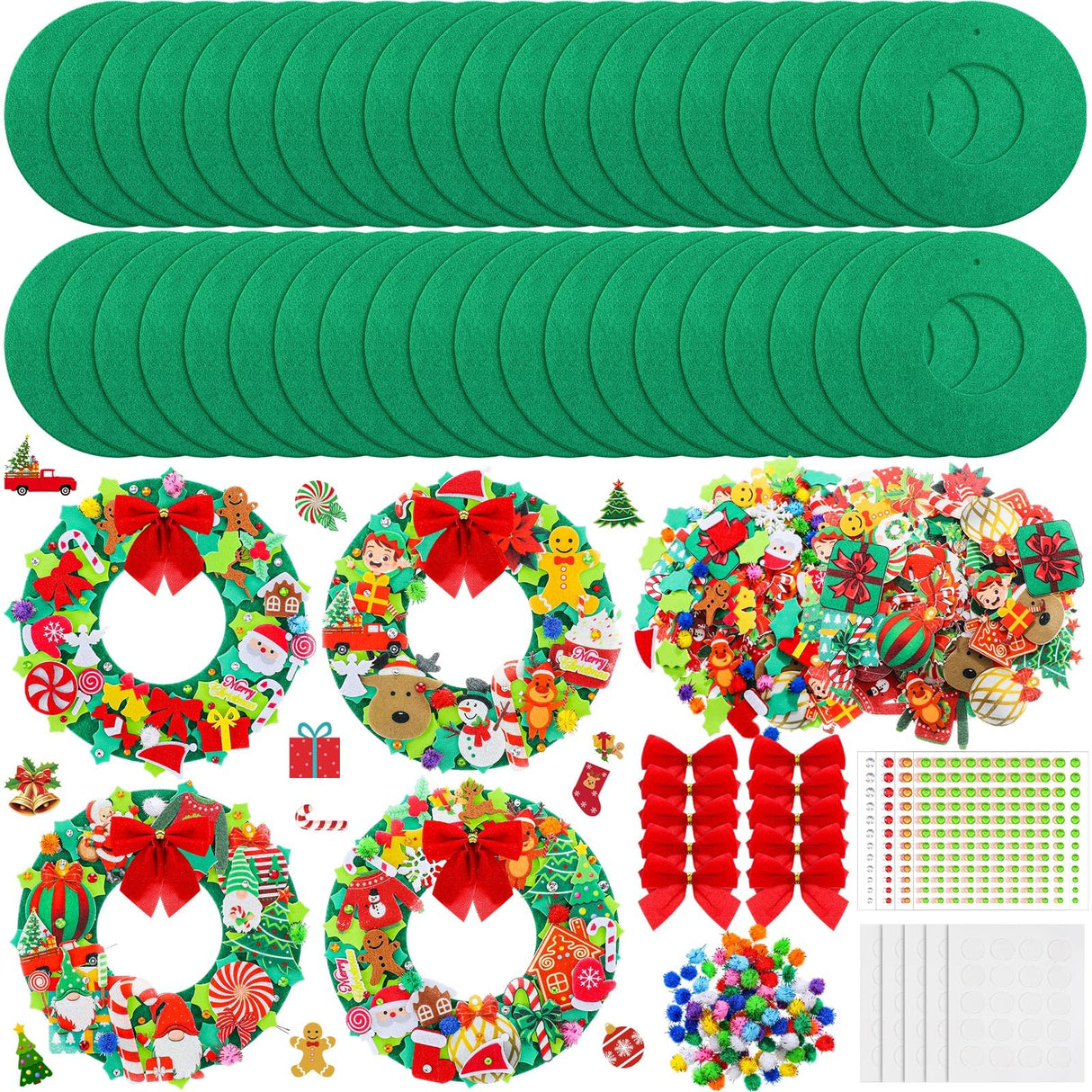 Moucuny 32 Sets DIY Christmas Crafts Kits Christmas Foam Wreath Craft Kits Snowman Santa Bows Sticker Christmas Wreath Ornaments Christmas Arts and Crafts for Christmas Tree Home Indoor Decoration Moucuny
