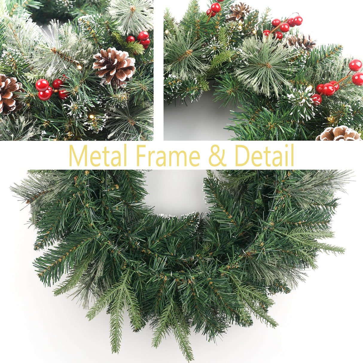 Christmas Wreath Snowy Pre-lit 24 inch with 50 Light & Pine Cone, Artificial Christmas Wreaths for Front Door with Lights, Wreath for Christmas Decoration Door Windows Wall Green HomeKaren