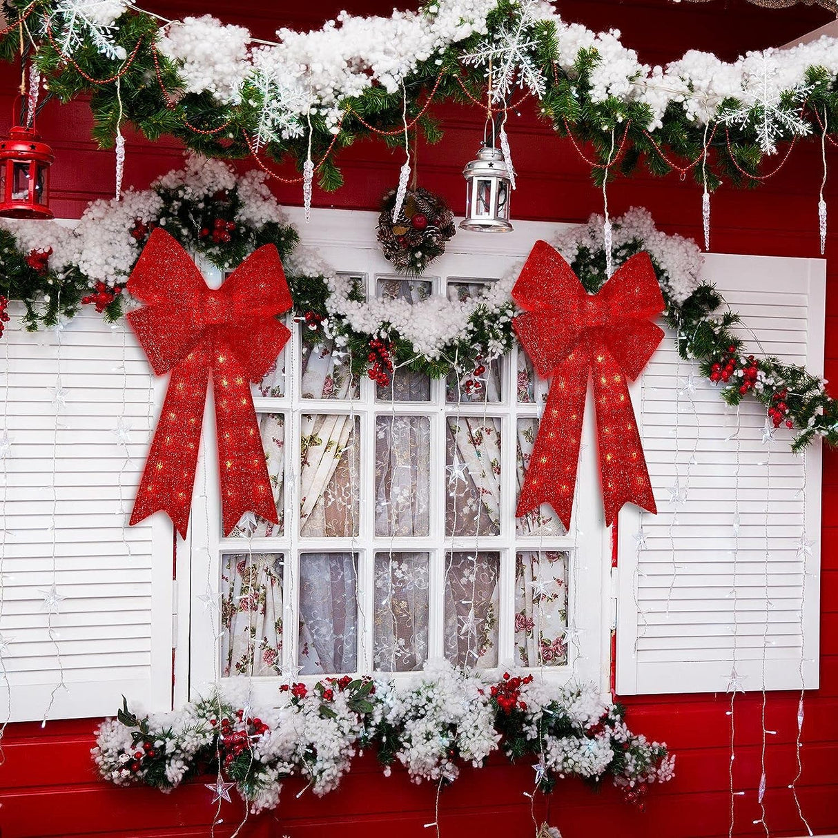 LAMPHOME Christmas Glitter Red Bow,Lighted Large Christmas Bows Wreath Decoration,Christmas Tree Topper Decorative Bow for Indoor Outdoor Christmas Parties Decorations (32IN 72LED) LAMPHOME
