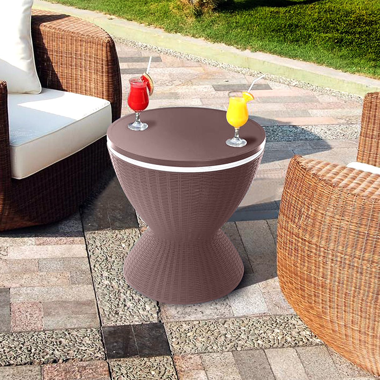 SereneLife Outdoor Cool Bar Table, 7.5 Gallon Beer and Wine Cooler, Patio Furniture & Hot Tub Side Table, Beverage Cooler, All-Weather Resistant Ice Cool Bar, Rattan Style Patio, Cocktail Bar (Grey) SereneLife