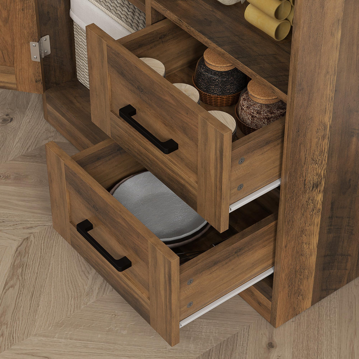 HOMCOM 71" Farmhouse Kitchen Pantry Storage Cabinet, Freestanding Tall Kitchen Hutch with Microwave Oven Countertop, Adjustable Shelves and Drawers, Brown HOMCOM