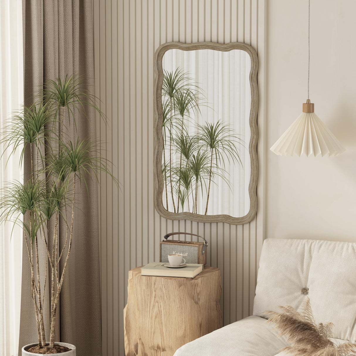 COZAYH Curved Wood Frame Accent Mirror, Farmhouse French Country Decorative Wall Mirror, Rectangle 23.5”L x 38”W, Natural COZAYH