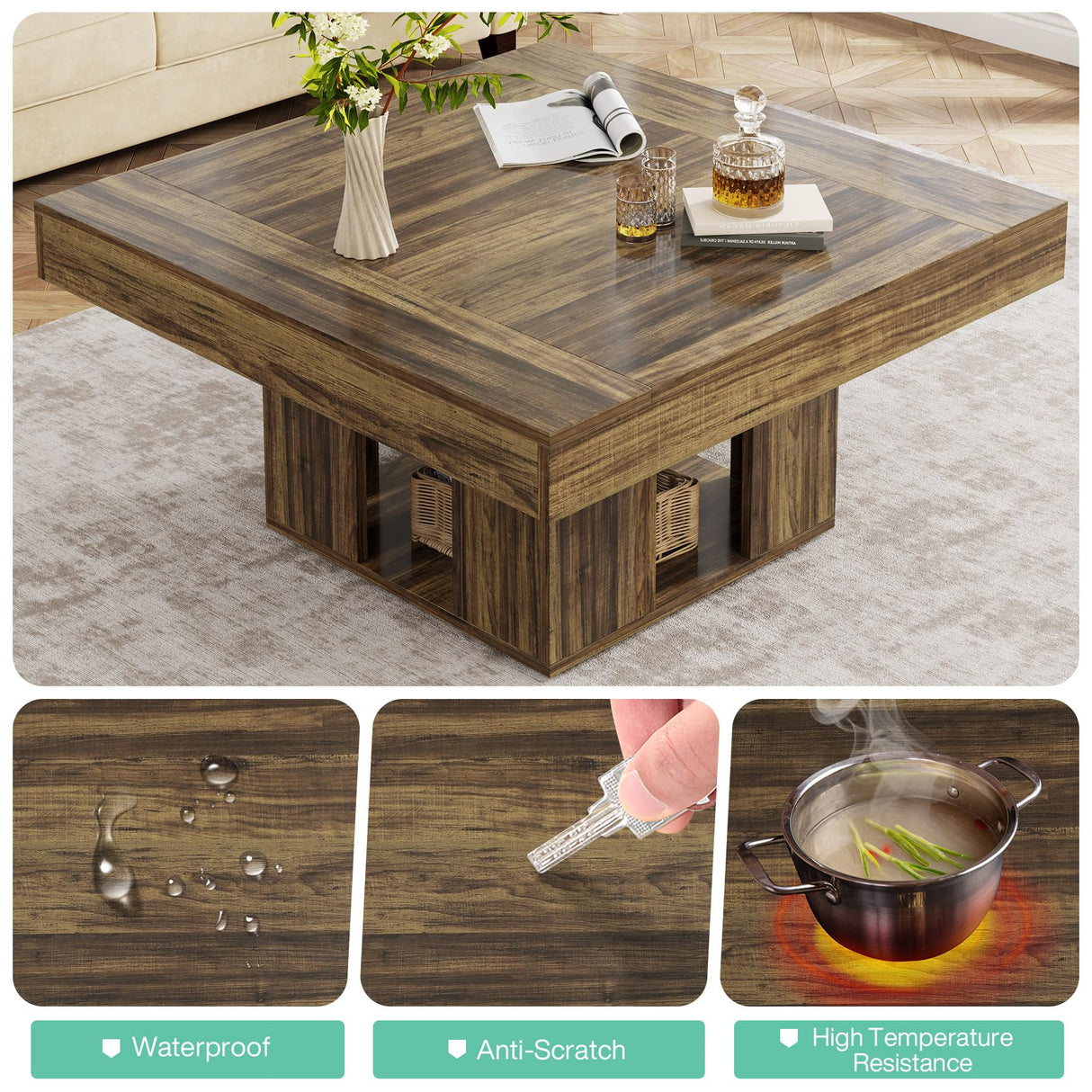 Tribesigns 35" Square Coffee Table, Farmhouse Center Table with 2-Tier Storage, Rustic Wood Cocktail Table Perfect for Living Room, Reception Room, Brown Tribesigns
