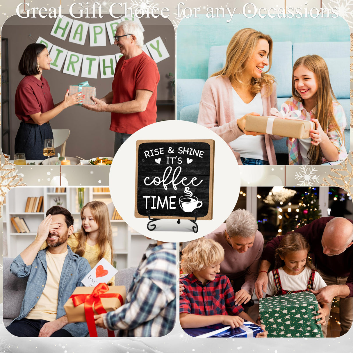 Farmhouse Coffee Bar Sign, Rise & Shine It's Coffee Time, 5"x5" Wood Plaque with Stand Gift for Home Kitchen Tabletop Decor -B09 YQV