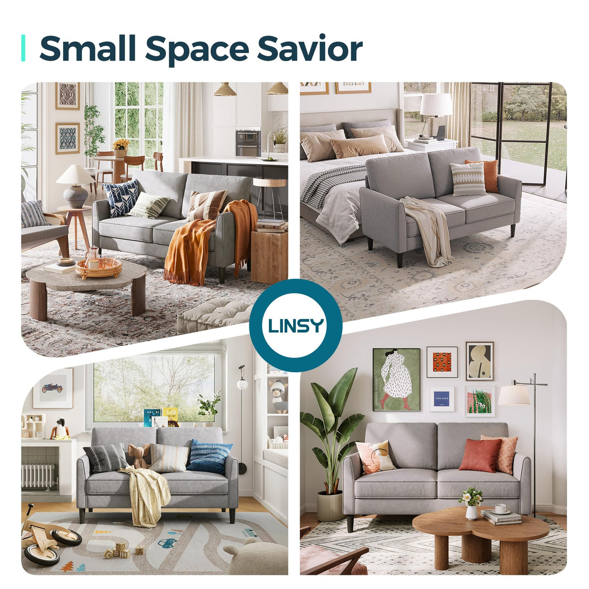 LINSY Loveseat Sofa Small Couch - Comfy 58" Small Loveseat for Small Spaces Modern Couches with Thick Cushion, Ergonomic Design Soft Sofa for Living Room Bedroom Apartment (Grey) LINSY