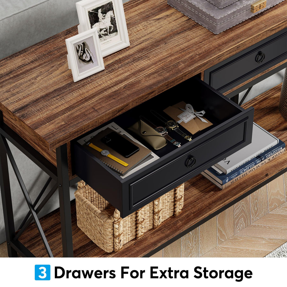 Tribesigns 70.8" Console Table with 3 Drawers, Farmhouse Entryway Table with Storage Shelf, Narrow Long Sofa Foyer Table for Entryway, Hallway (Brown/Black) Tribesigns