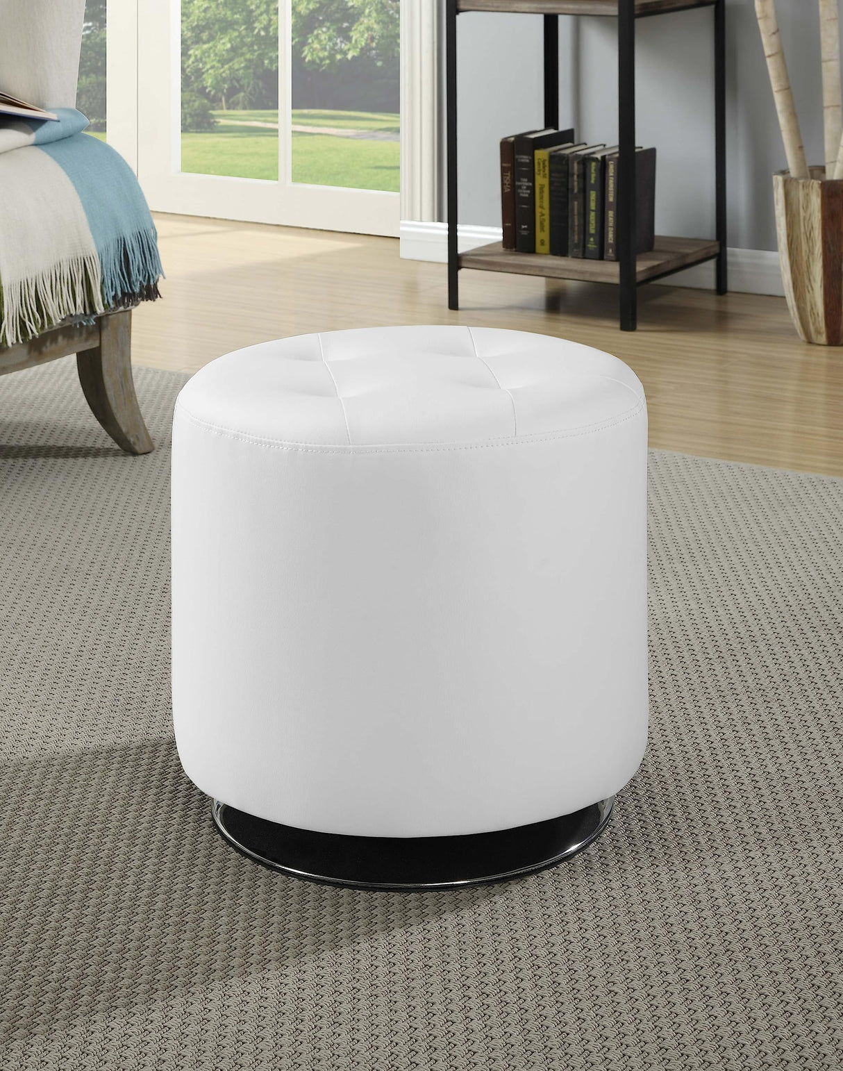 Coaster Home Furnishings Bowman Swivel Ottoman - Round Upholstered Faux Leather Living Room Furniture, Vanity Stool for Tiny Home, Ottoman with Storage, Foot Stool, Chrome Base, White 500554 Coaster Home Furnishings