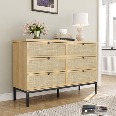 Modern 6 Drawer Dresser with Natural Rattan Drawers, Industrial Wood Double Dresser for Bedroom with Sturdy Steel Legs, Closet Storage Dressers Organizer TV Stand Dresser for Living Room Hallway