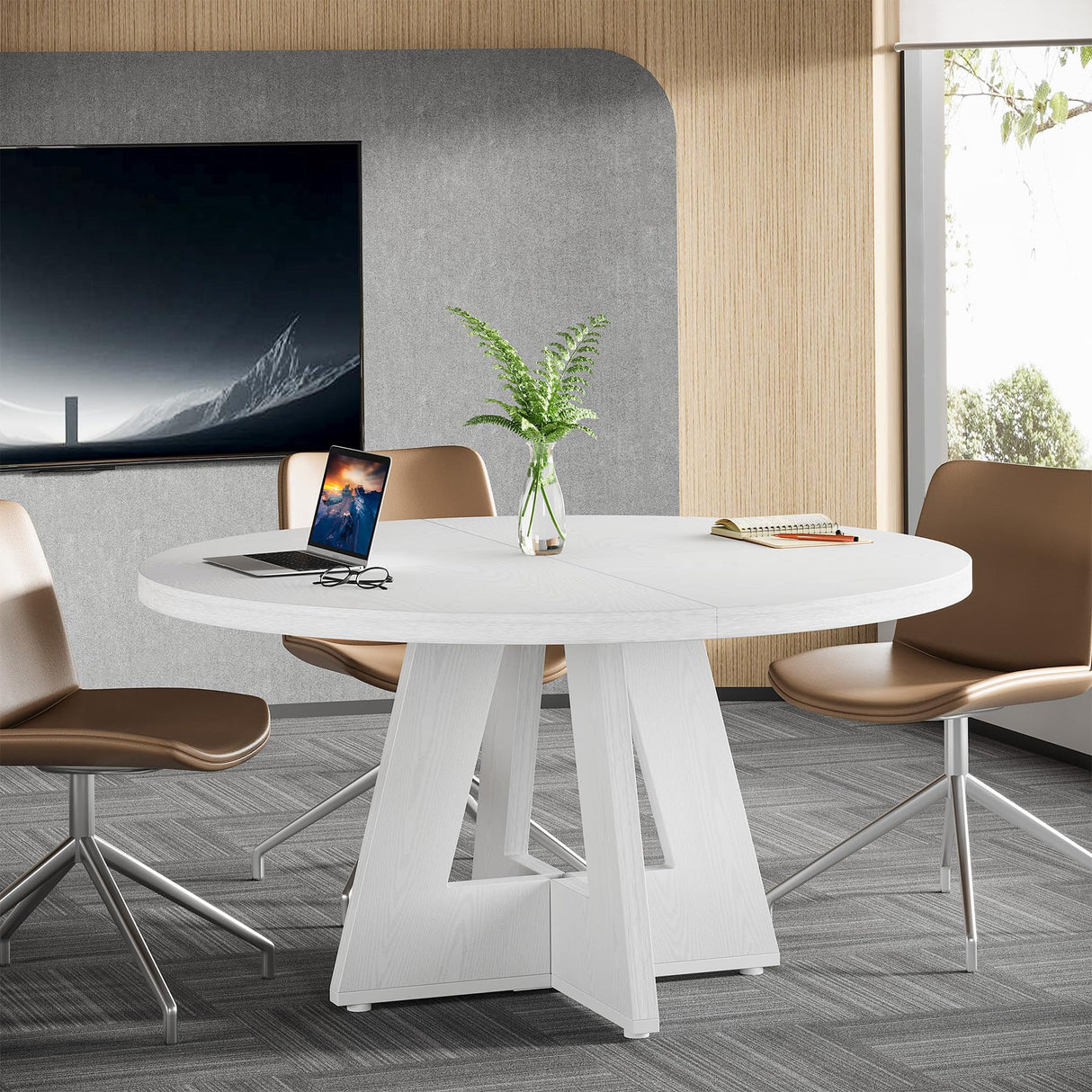 Tribesigns 47-Inch Round Conference Table for 4-6 People, Wooden Meeting Room Table with Thicken Tabletop and Wood Base (White) Tribesigns