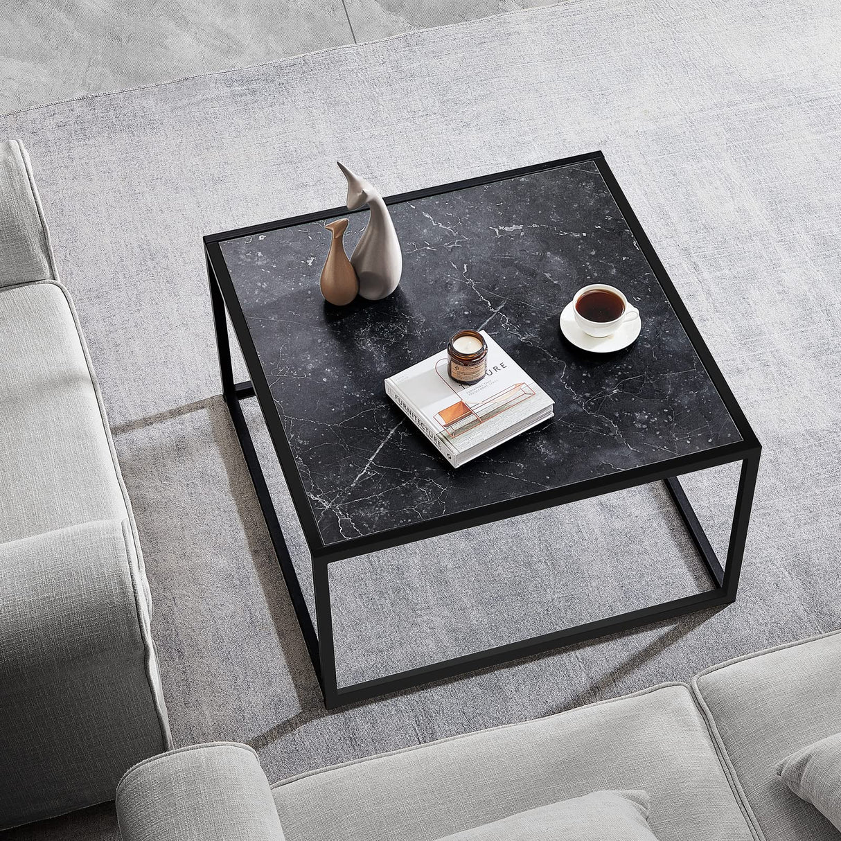 SAYGOER Black Coffee Table Small Square Coffee Table Simple Modern Center Table for Living Room Home Office 27.6 * 27.6 * 15.7Inch Easy Assembly, Black Faux Marble SAYGOER