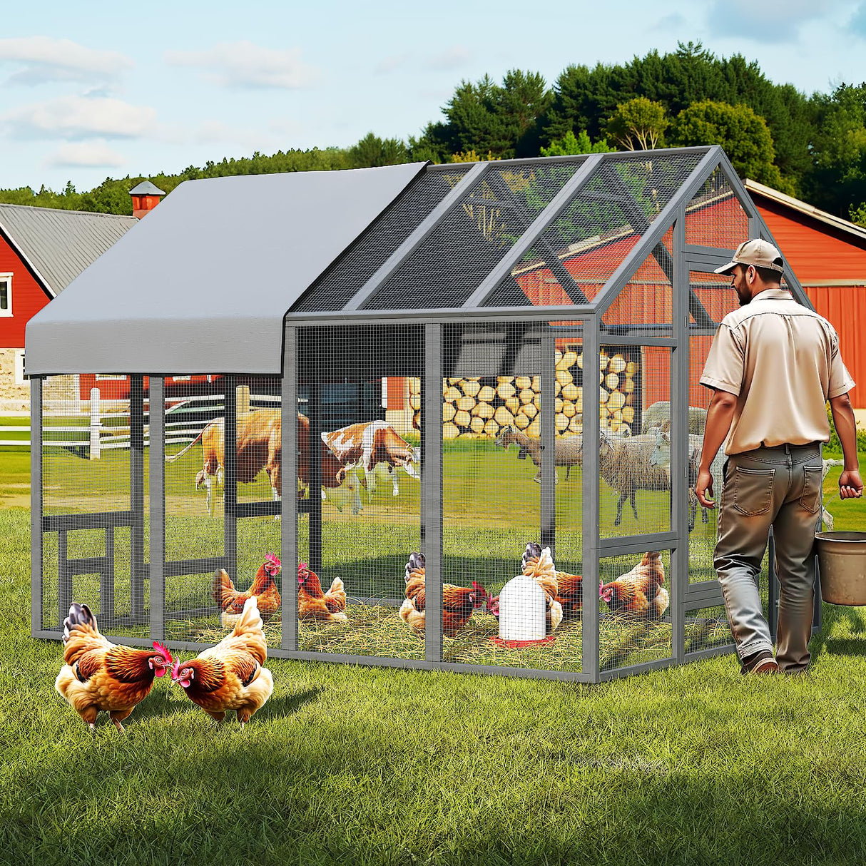 TRYKERPET Chicken Coop Chicken Run,Wooden Large Chicken Coop, Chicken Runs for Yard with Cover, Outdoor Duck Coop, Duck Houses for Outside Farm Backyard TRYKERPET