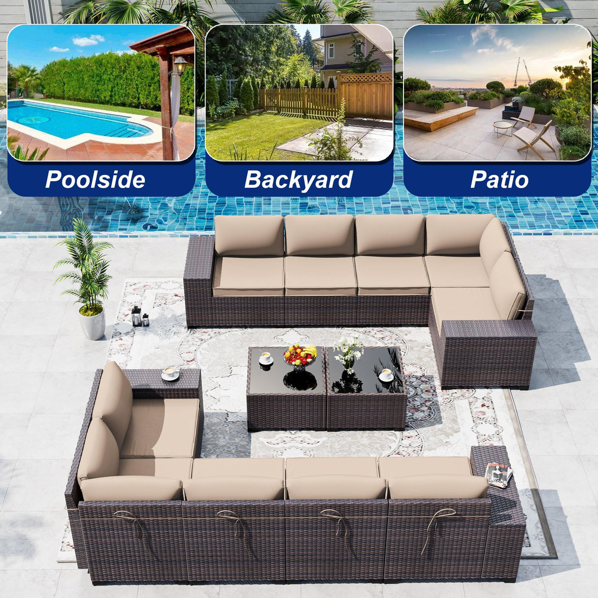 ASJMR Outdoor Patio Furniture Set, 12 Pieces Outdoor Sectional Furniture High Backrest Patio Sofa, All-Weather PE Rattan Patio Conversation Set with Coffee Table & Cushions(Brown). ASJMR