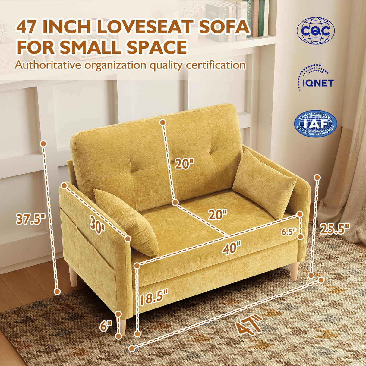 Urhanherry 47" Small Sofa Couch for Bedroom, Soft Chenille loveseat Mini Couch with Throw Pillow and Removable Cushion Cover for Small Spaces, Living Room, Apartment, Dorm, Office(Yellow) Urhanherry