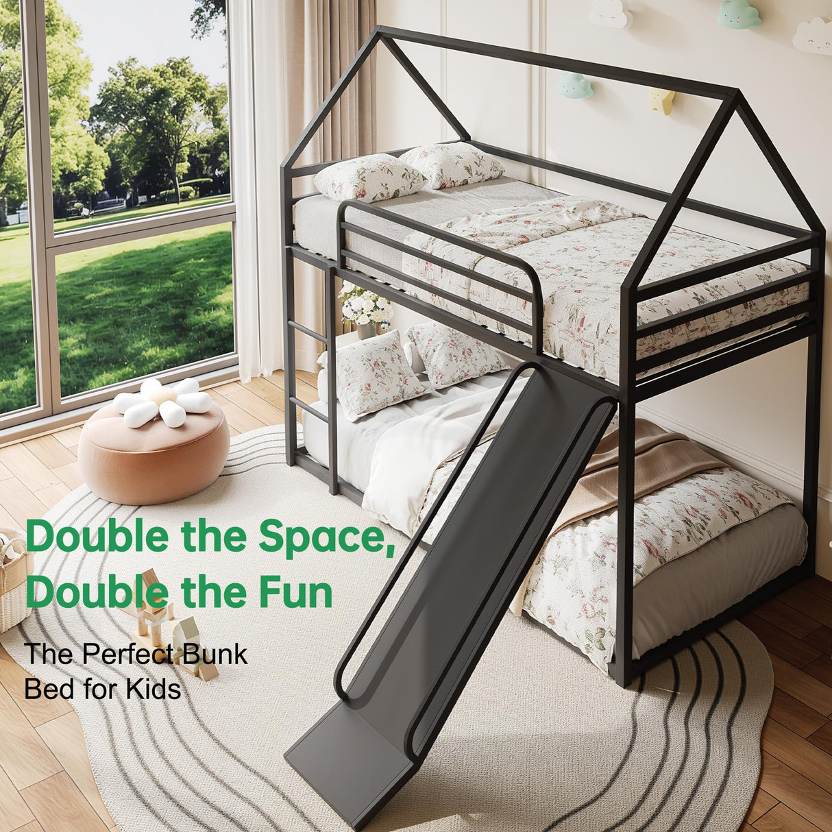 Lodoba Twin Over Twin Low Bunk Bed with Convertible Slide, Bunk Bed for Kids,Montessori Floor Bunk Bed Frame with Full-Length Guardrail,Floor bunk Bed for Boys Girls Teens,Light Black Lodoba