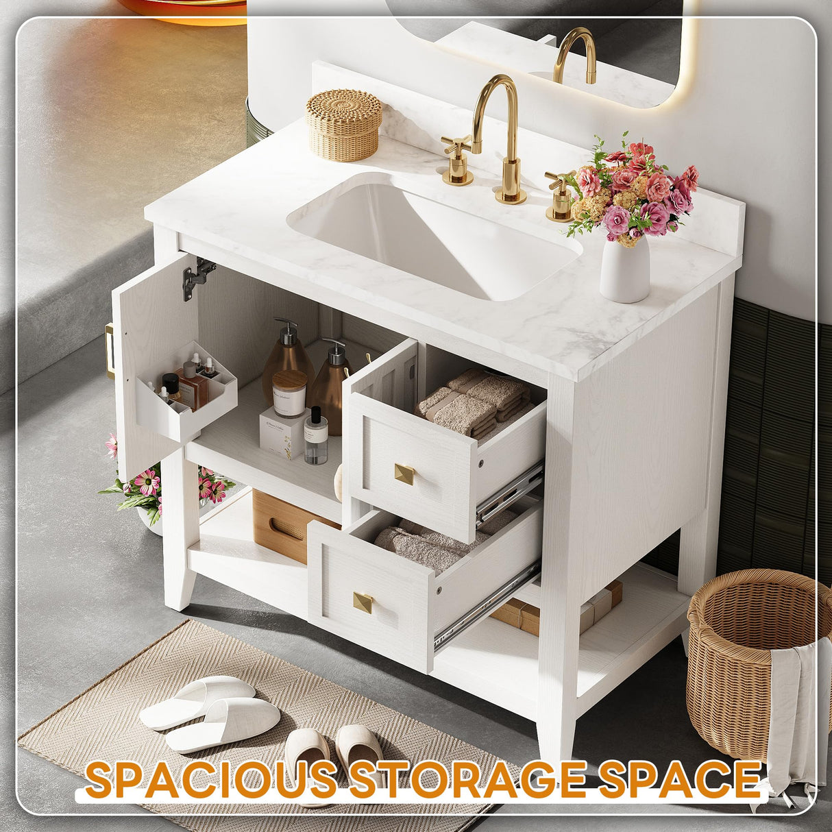 IRONCK 30" Bathroom Vanity with Sink, Farmhouse Bathroom Cabinet, Bathroom Vanity Set with 2 Drawers & Storage for Guest Baths Master Suites or Rental Units, Industrial White IRONCK