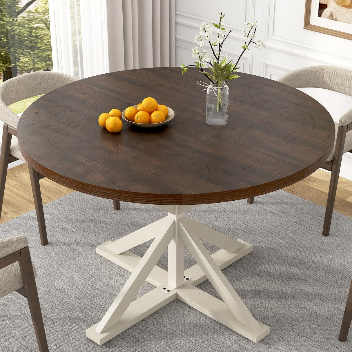 Round Wood Dining Table for Kitchen,Dining Room,Living Room,Farmhouse Dinner Tables W/Thickened Brown Waterproof Tabletop for 4 People,47 inch Rustic Kitchen Table W/Metal Support jiteentarou