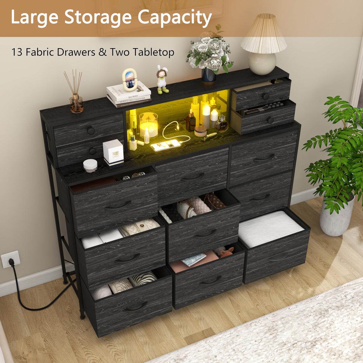 Welfuturer Black Dresser with Charging Station and LED Lights 13 Drawers Dressers for Bedroom Long Dressers & Chests of Drawers for Living Room Hallway Entryway Closets Sturdy Frame Wood Top Welfuturer
