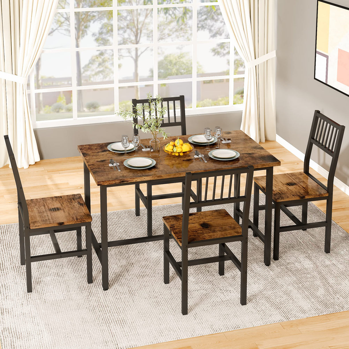 AWQM 5 Pieces Dining Table Set, Industrial Dining Table and Chairs for 4, Metal Frame with Wood Top, Kitchen Table Set for Dining Room, Breakfast Nook, Small Space, Rustic Brown AWQM