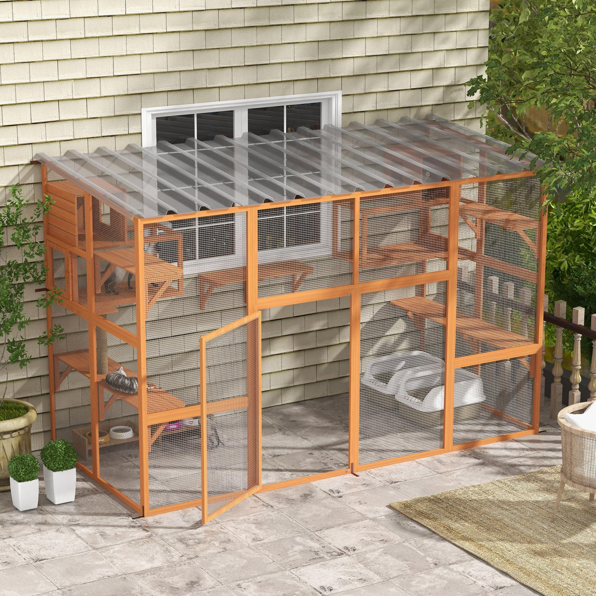 PawHut Catio, Outdoor Cat Enclosure Window Box, Wooden Cat House Playground with Scratching Posts, Weather Protection Roof for 1-5 Kitties, Resting Boxes, 118" x 55" x 75.5", Orange PawHut