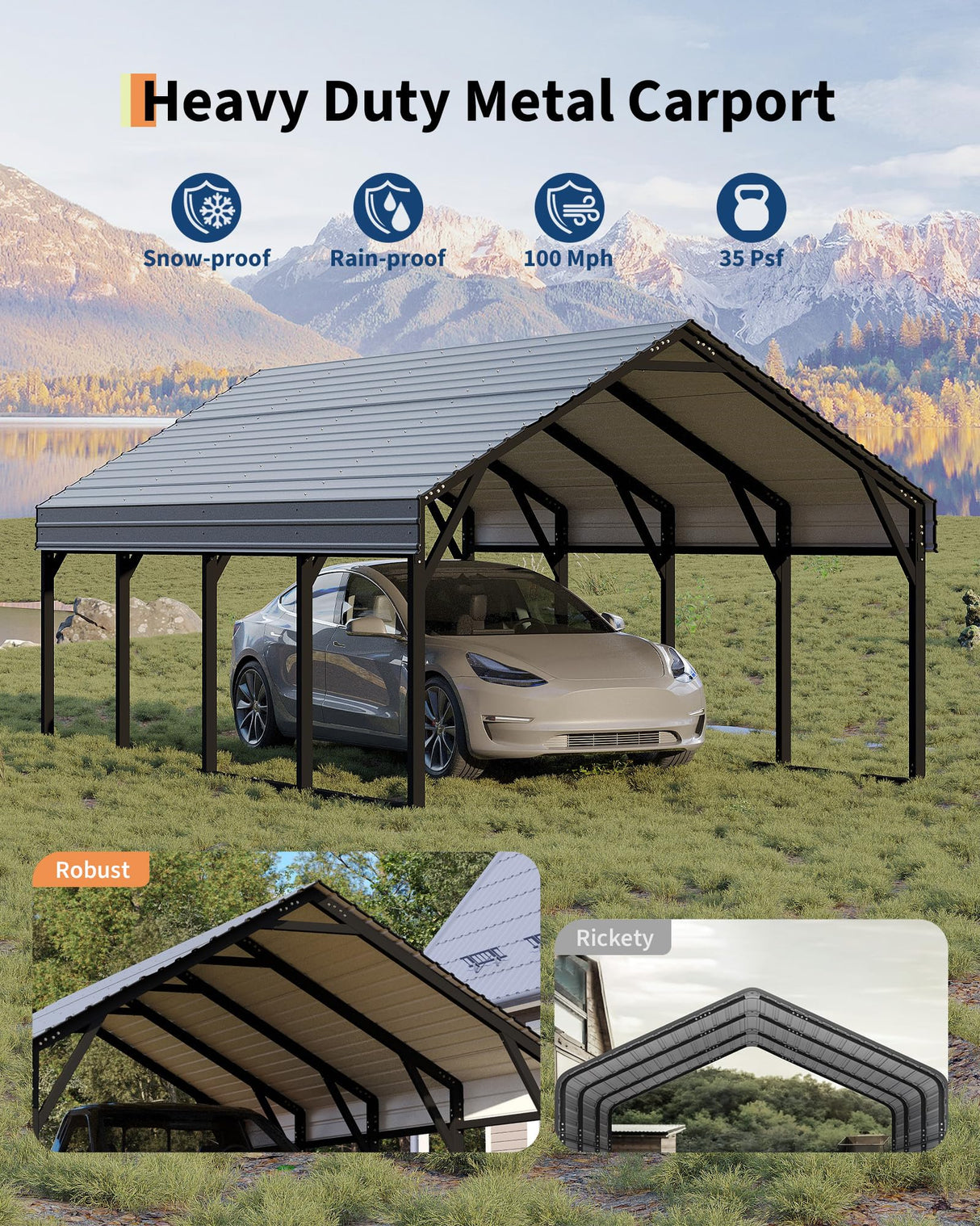 12 x 20 FT Metal Carport, Heavy Duty Carports Reinforced Frame and Steel Roof, All-Weather Shelter Canopy for Pickups, Boats, Cars, and Tractors KYBOLT