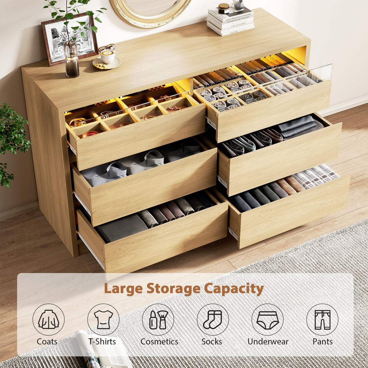 Jocoevol Modern 6 Drawer Dresser for Bedroom with LED Light, Large Chest of Drawers with Hidden Handles, Double Wooden Dresser Closet for Living Room, Entryway, Hallway - Natural Wood Jocoevol