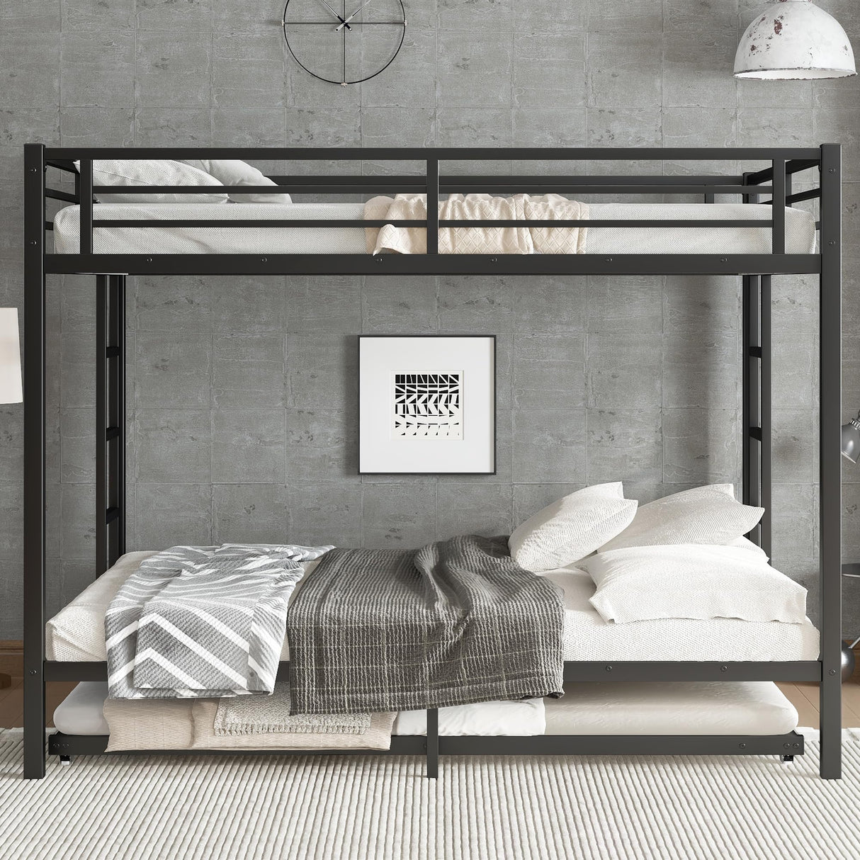 Bellemave Queen Over Queen Bunk Bed with Trundle, Heavy Duty Metal Twin Trundle Bunk Bed with Full-Length Guardrails & Ladder, Bunk Beds with Trundle for Kids, Teens, Adults, Black Bellemave