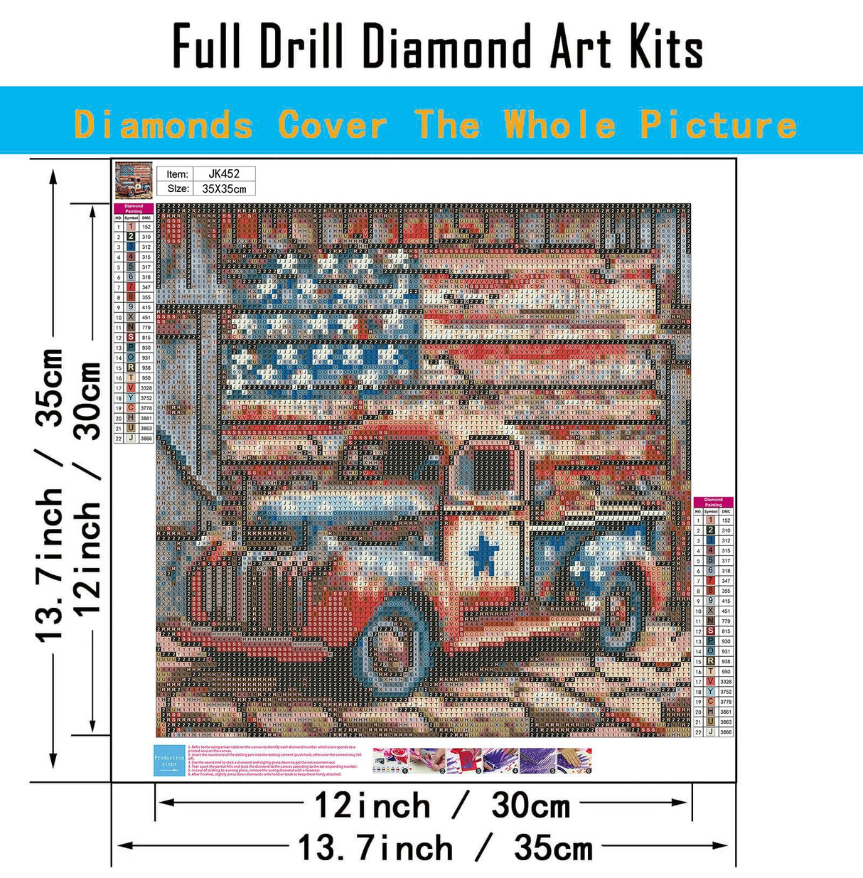 CHWGLFGG 5D Truck Diamond Art Kits for Adults Beginners,DIY Full Round Drill Diamond Painting Kits American Flag, Paint by Diamonds Dot Gem Art Crystal Easy,Home Wall Decor 13.7X 13.7Inch CHWGLFGG