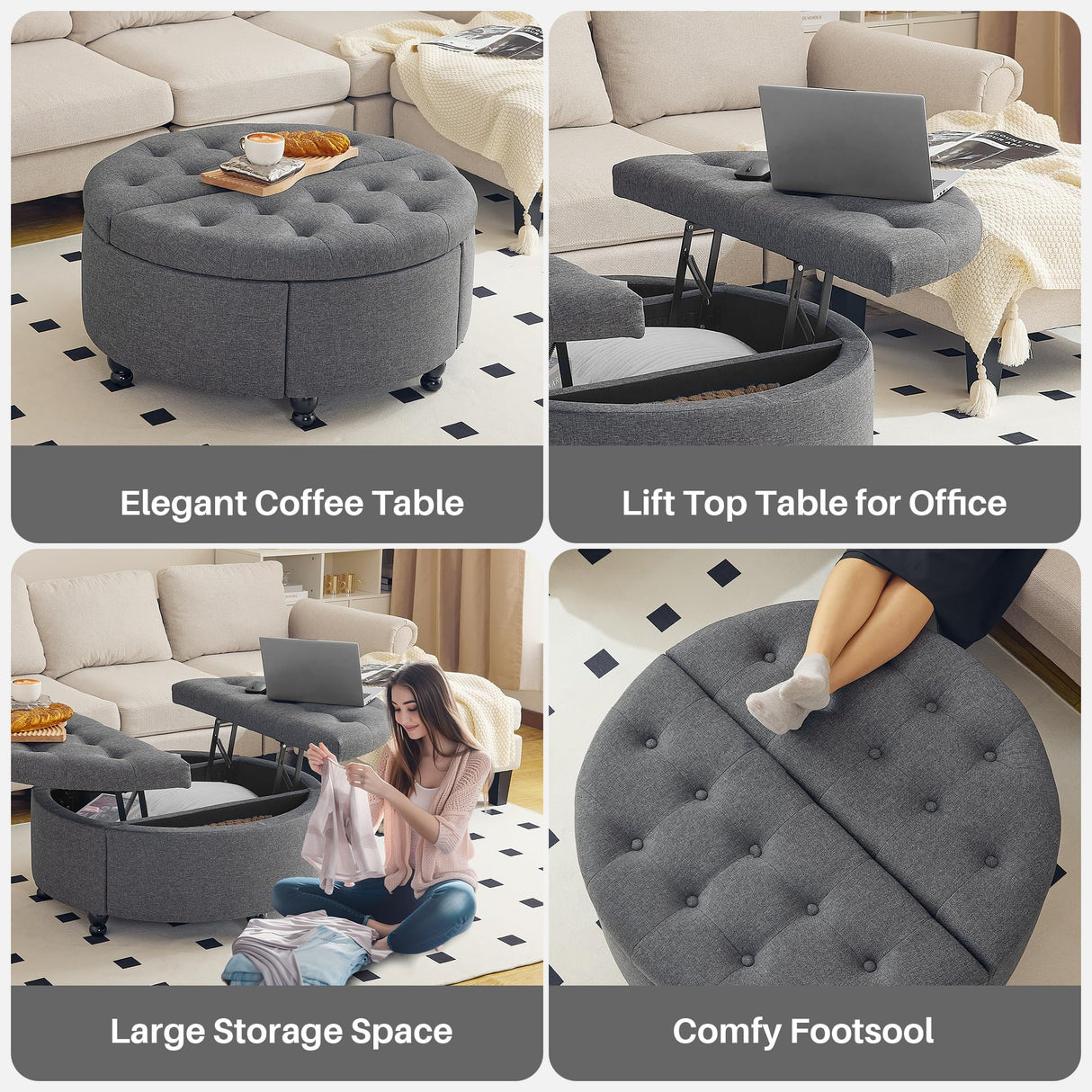 Redlife 35" Wide Round Ottoman with Storage, Storage Ottoman Coffee Table, Tufted Round Ottoman Coffee Table Linen Fabric Round Coffee Table Ottoman with Storage (Dark Grey) Redlifeᅟᅠ