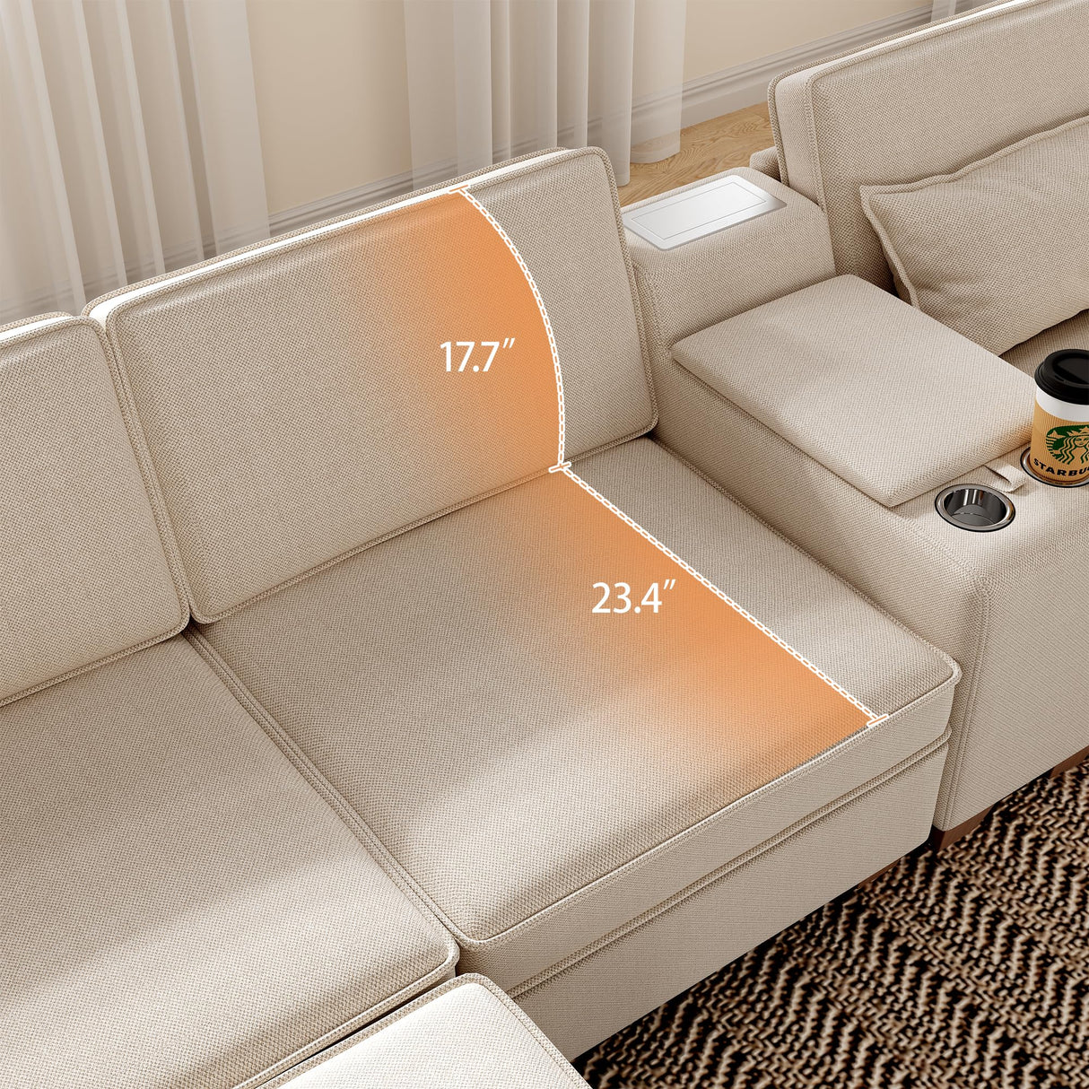 Modular Sectional Sofa, Sectional Couches for Living Room, L/U Shaped Sofa with Storage and Phone Holder, Modular Couch with Multi-Functional Console, USB Charging, Cup Holders (Beige, 6-seats) Pingliang Home