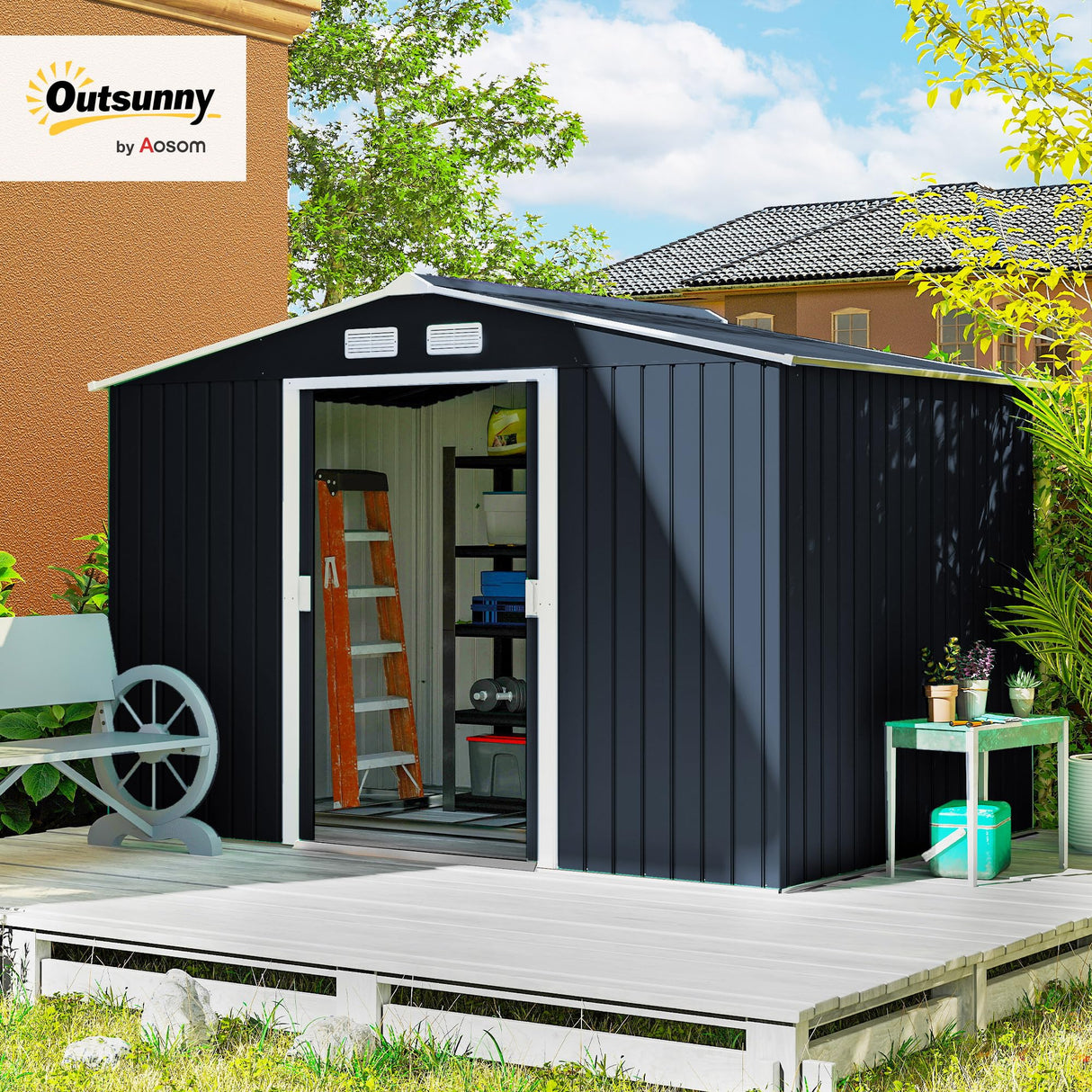 Outsunny 9' x 6' Outdoor Storage Shed, Garden Tool Metal Shed with Foundation Kit, Double Lockable Door, Air Vents and Sloping Roof, for Backyard, Patio, Lawn, Dark Gray Outsunny