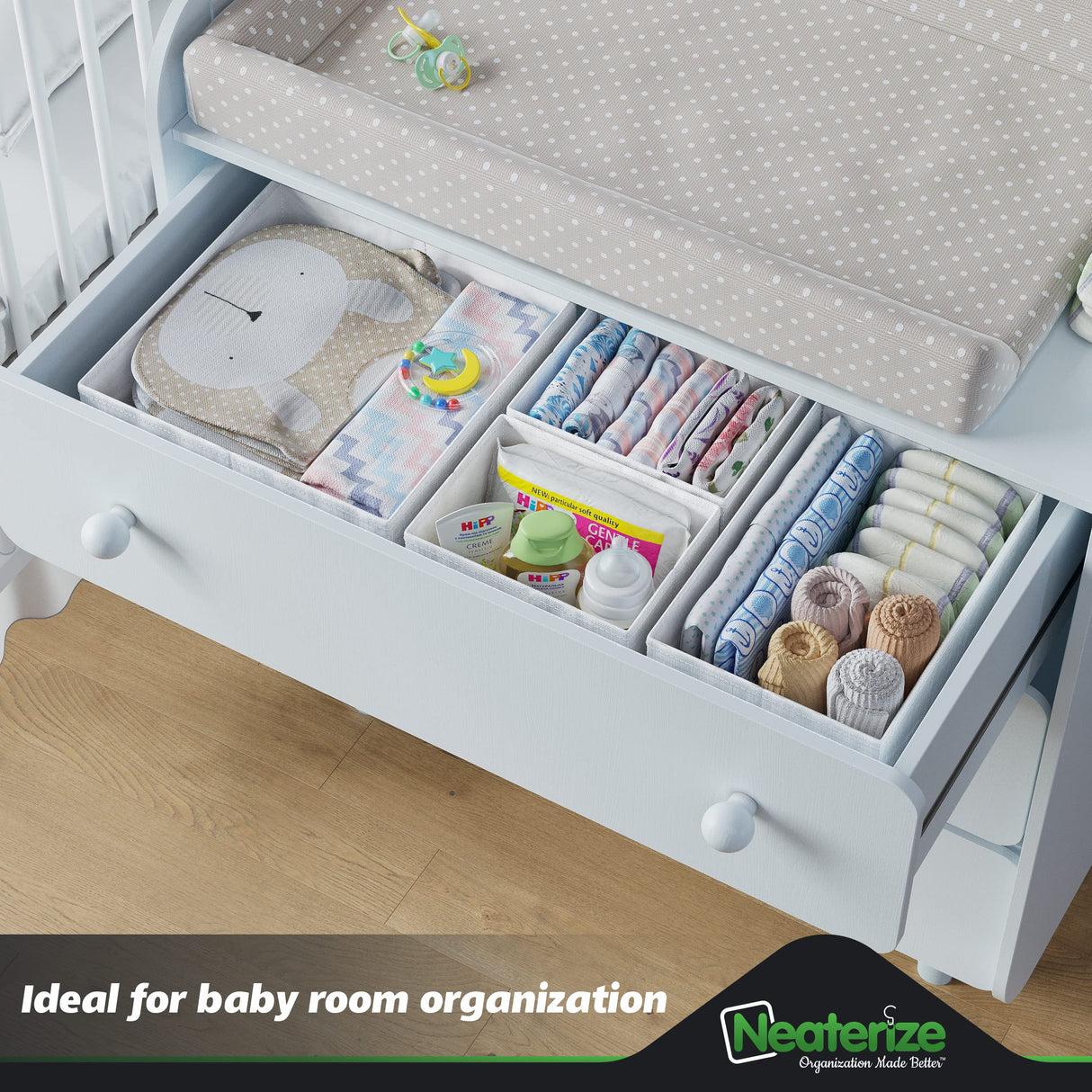 Drawer Organizer Clothes Set of 12 White-Grey - Dresser Organizer For Nursery, Bedroom, Closet - Perfect Baby Clothes Organizer and Storage & General Nursery Organization or Dresser Drawer Organizers NEATERIZE