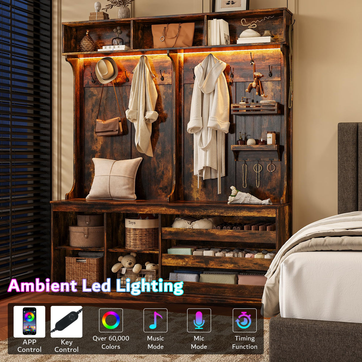 iPormis 70“ Large Hall Tree with Bench and Adjustable Storage Shelves, 6-in-1 Farmhouse Entryway Bench w/Coat Rack, Top Storage, Small Shelves for Entryway, Living Room, Led Lights, Rustic Brown iPormis