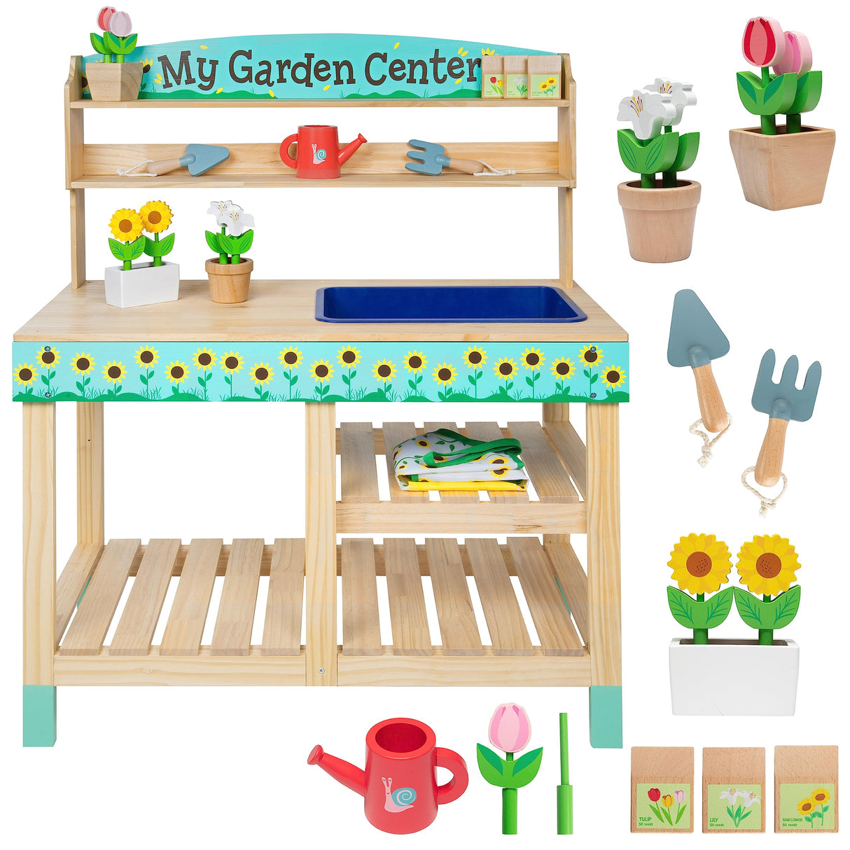 Svan Wooden Toy Gardening Center Indoor Playset - 22 Pc Garden Stand Set w Flowers Seed Packets Pots Shovel Rake Apron Watering Pot - Great Interactive & Fun Pretend Playtime, Gift for Boys or Girls Svan