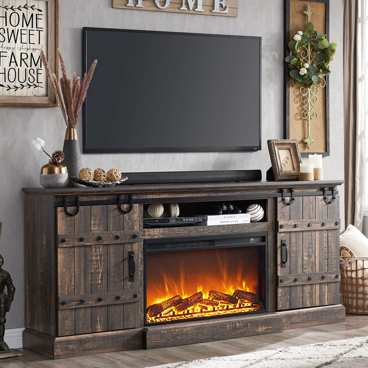 OKD Fireplace TV Stand for 75 80 Inch TV, Farmhouse Entertainment Center with Sliding Barn Doors, Rustic Media Console Table with Storage Cabinets for Living Room, Dark Rustic Oak OKD