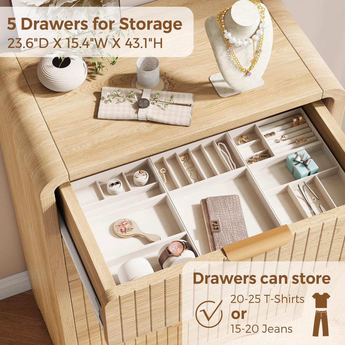 Jocoevol Fluted 5 Drawer Dresser, 43" Tall Dressers & Chests of Drawers Curved Profile Design, Wood Mid Century Vertical Dresser Natural Texture for Bedroom, Natural Oak Dresser Jocoevol