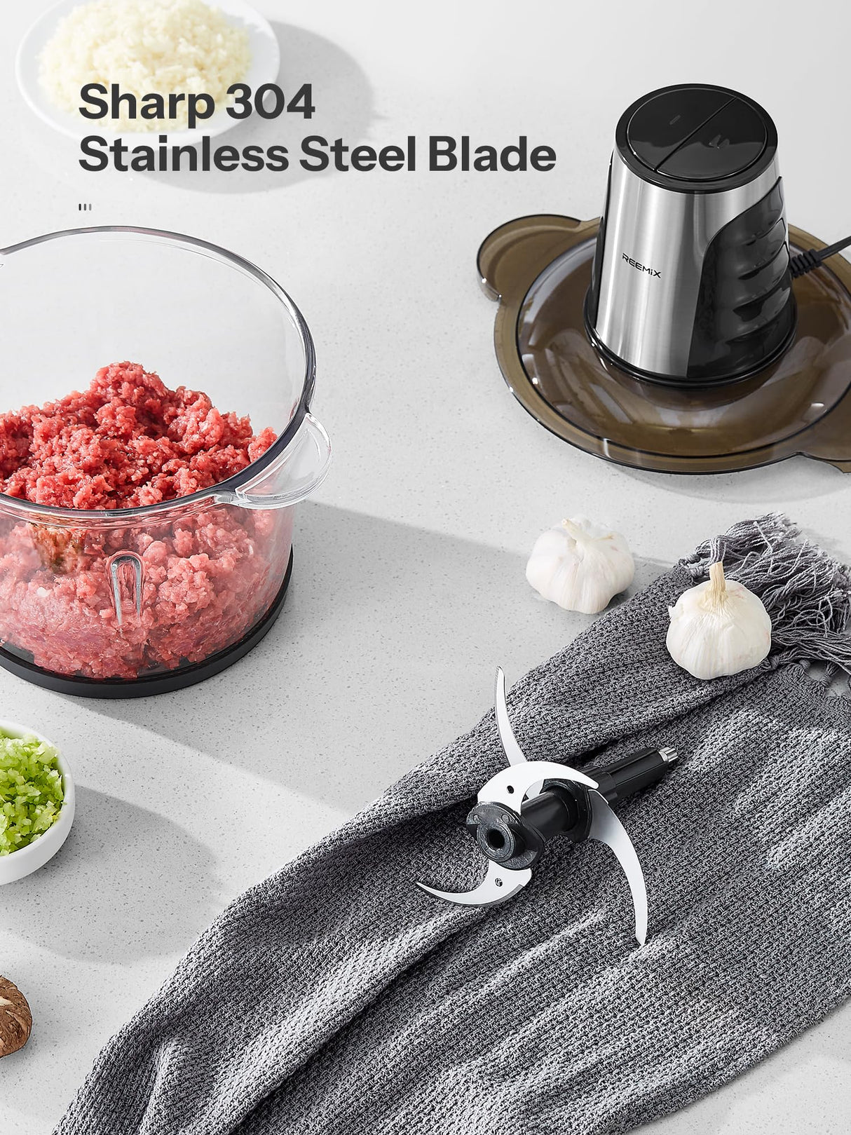 Food Processors with 2 Large Bowls(12 Cup+12 Cup), Reemix Electric Chopper with Powerful 500W Copper Motor, 4 Bi-Level Blades for Fruits, Meat, Vegetables, Baby Food, Nuts, 2 Speeds Reemix