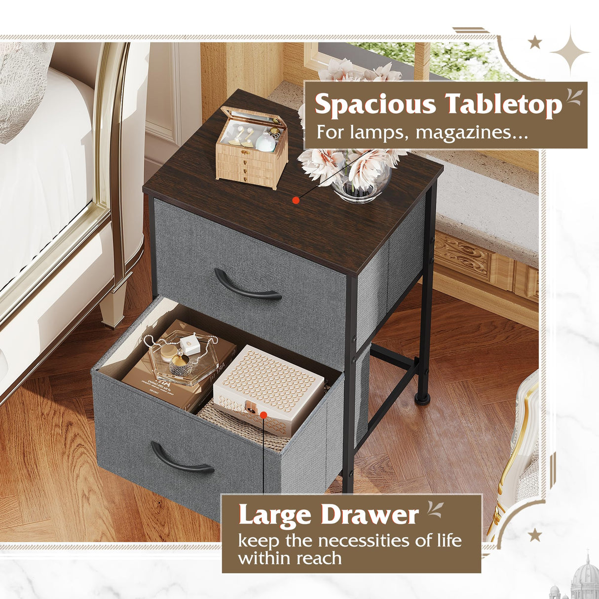 WLIVE Nightstand, 2 Drawer Dresser for Bedroom, Small Dresser with 2 Drawers, Bedside Furniture, Night Stand, End Table with Fabric Bins for Bedroom, Closet, Entryway, College Dorm, Dark Grey WLIVE