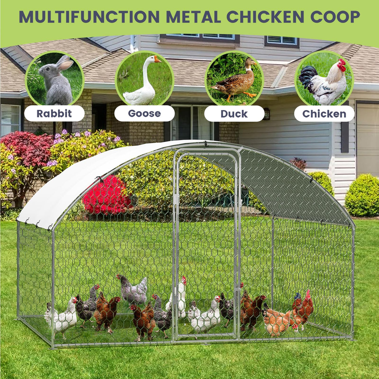 Large Metal Chicken Coop, Large Chicken Coop for Yard, Walk-in Poultry Cage with Waterproof and Anti-Uv Cover, Chicken Run for Outdoor Backyard Farm, Doom Roof, 9.8×6.5×6.5ft,Silver Hipicute